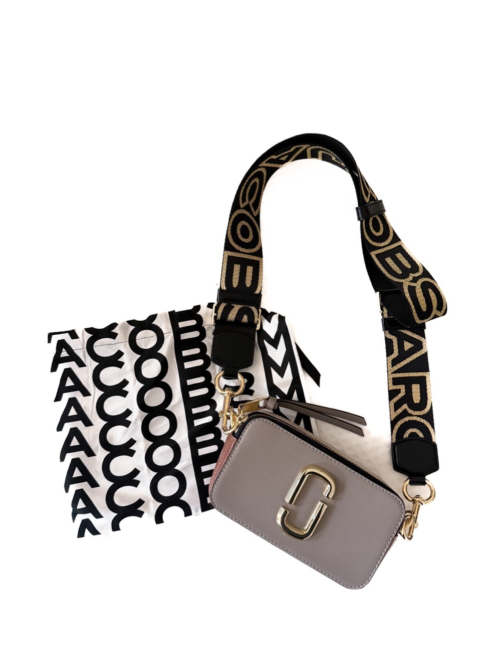 Marc Jacobs Taupe Snapshot Crossbody with Black & Gold Logo Strap